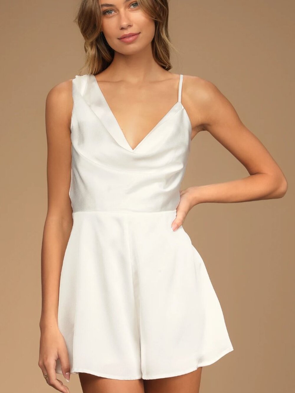 Lulu's Ivory Satin Asymmetrical Cowl Neck Romper